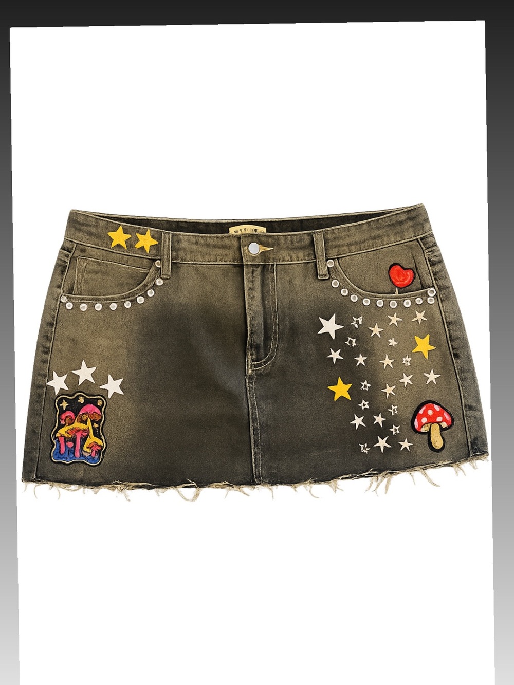 Embellished Olive Denim Mini Skirt with Star & Mushroom Patches